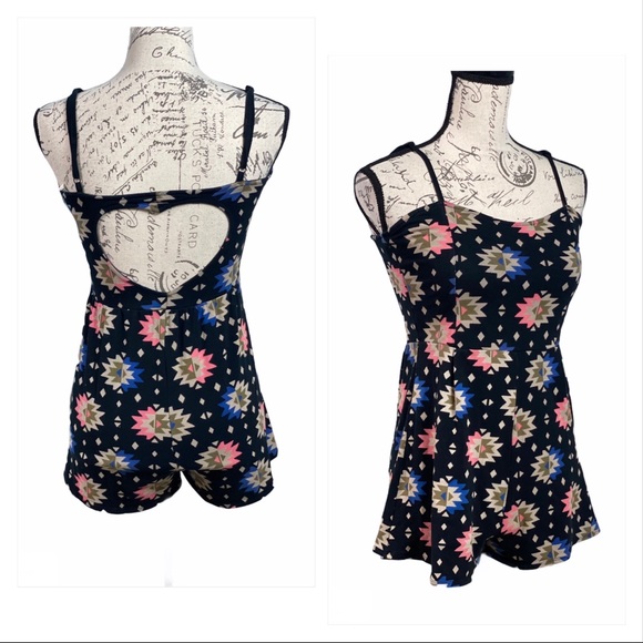 FOREVER 21 BLACK TRIBAL ROMPER WITH HEART CUT OUT BACK *SMALL *EMPIRE WAIST - Picture 1 of 11